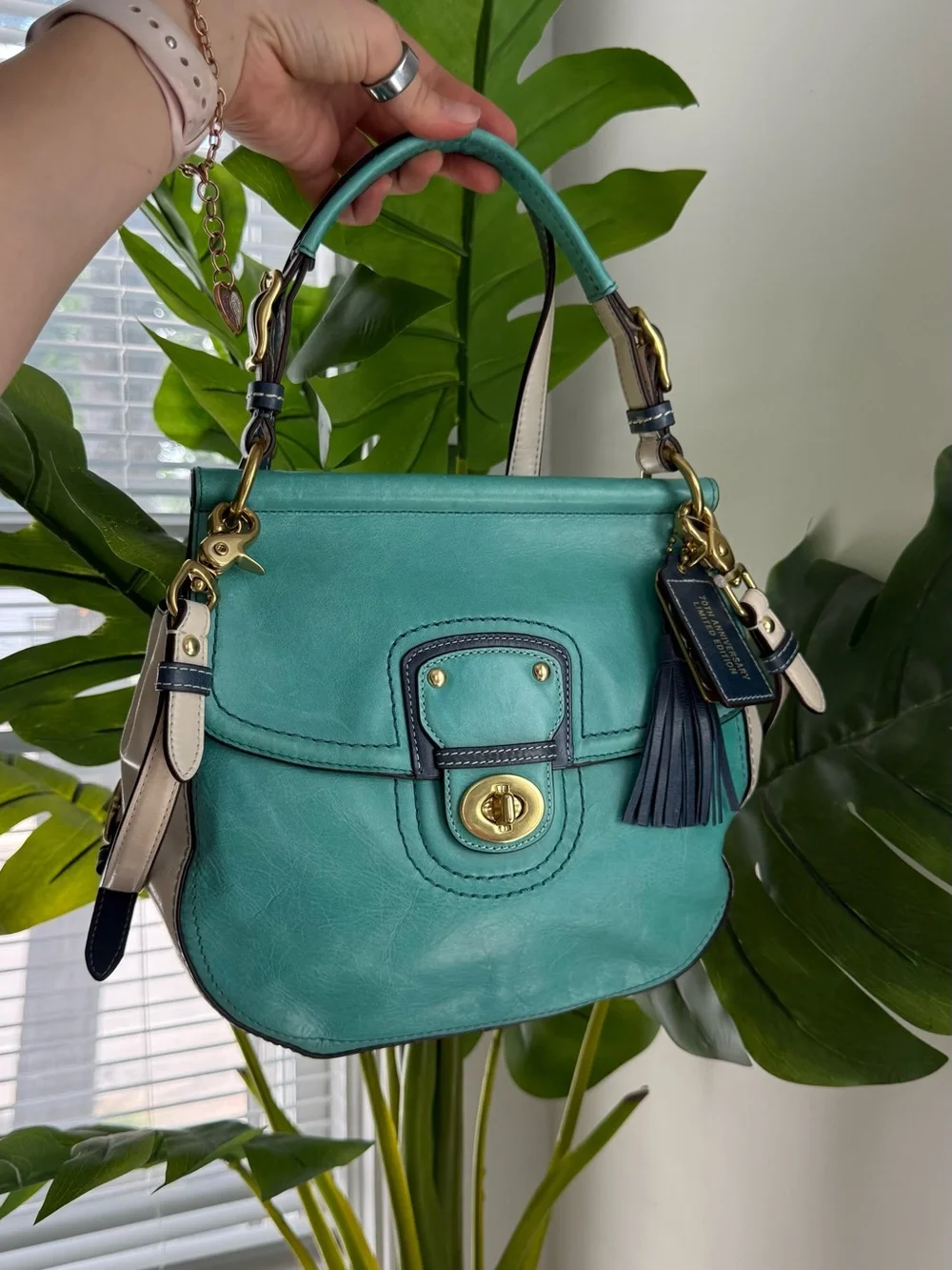 Coach Teal Leather Satchel with Tassel and Gold Hardware